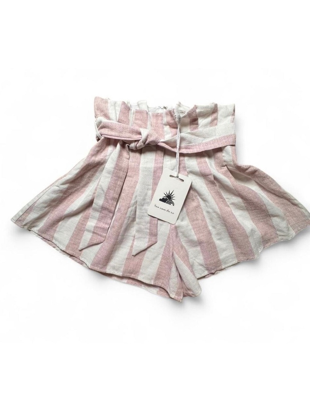 Here Comes The Sun Women's Striped Paperbag Waist Shorts with Tie Belt